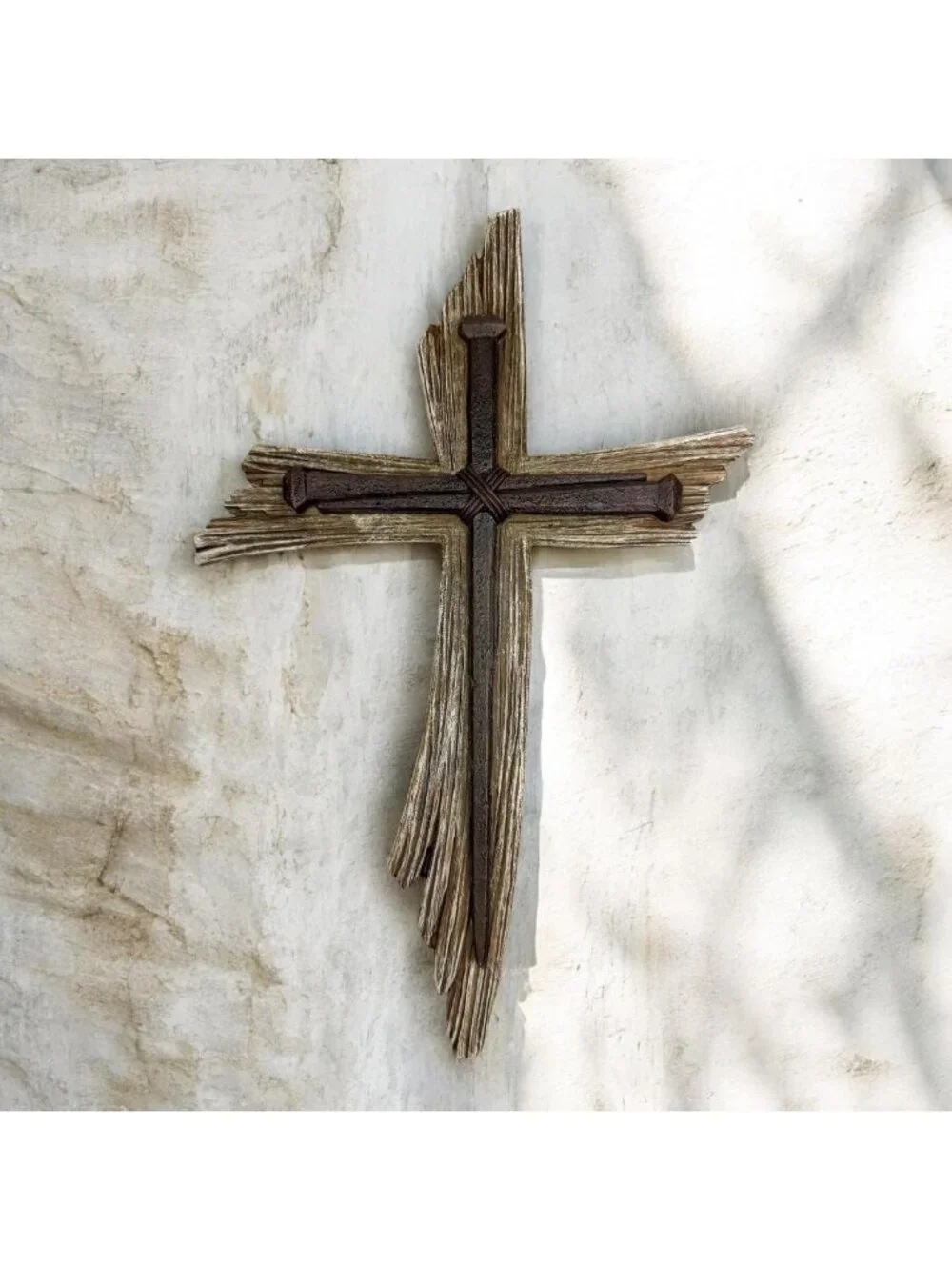 Rustic 3-Nail Wall Cross - 12.5” Resin Christian Decor with Weathered Wood Look